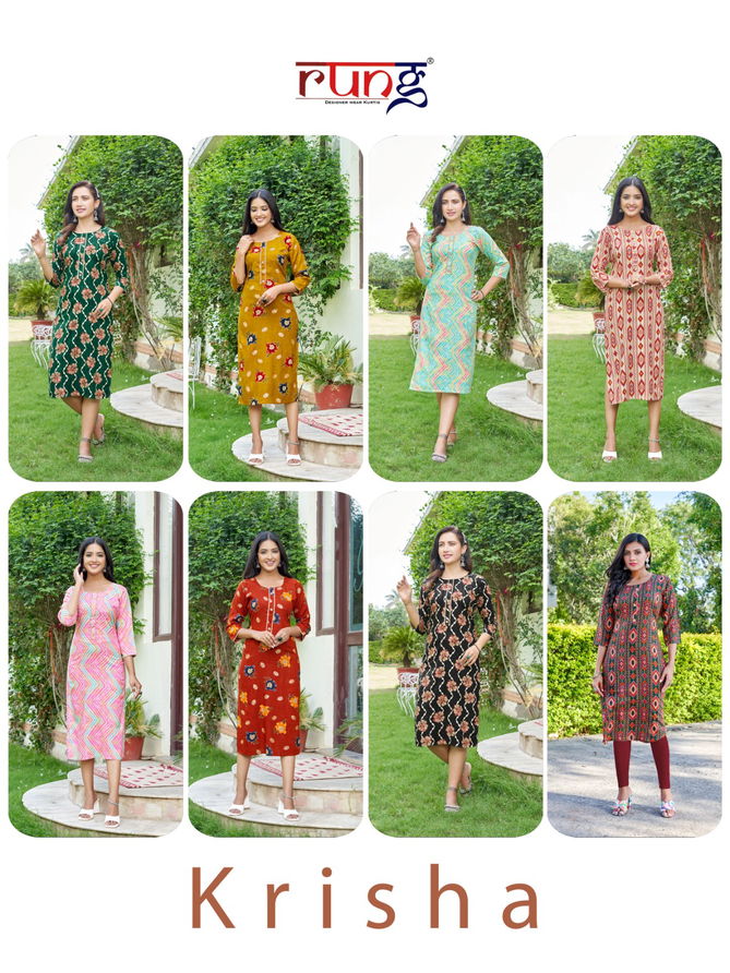 Krisha By Rang Rayon Printed Kurtis Catalog